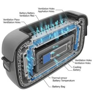 Cutaway illustration highlighting the ventilation features of an **ebike battery bag**, designed to prevent overheating and maintain optimal battery temperature.