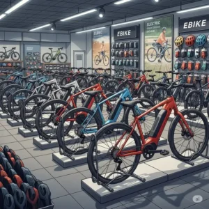 "Illustration of multiple ebikes neatly arranged on individual display stands in a bicycle shop setting."