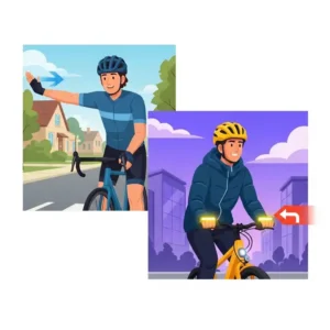 An illustration comparing a cyclist using traditional hand signals with an ebike rider utilizing integrated ebike turn signals for indicating turns.