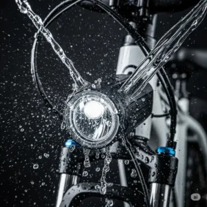 "Ebike headlight being tested with water splashes, showcasing its waterproof design for reliable performance in all weather."