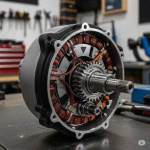 A detailed view of a powerful ebike motor, engineered by Mike Moser ebikes, highlighting its intricate components and robust construction.