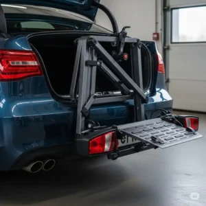 An ebike rack with ramp compactly folded up against the vehicle's rear when not in use, showcasing its space-saving design for convenient storage and transport.
