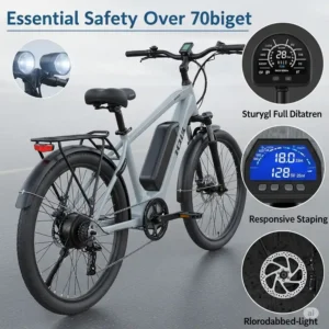 Essential safety features on an e-bike, including bright lights, sturdy fenders, and responsive brakes, crucial for riders over 70 on a budget, contributing to the **best e bike for over 70s under $1000**.