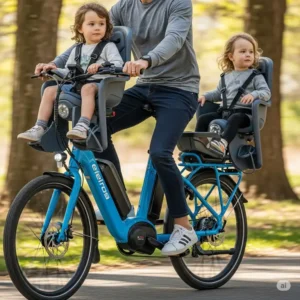 An ebike with kid seat featuring both a front and rear seat, allowing two children to ride along comfortably and safely with their parent.