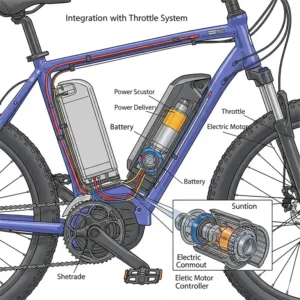 Illustration highlighting the integration of the battery with the throttle system on an electric bike.