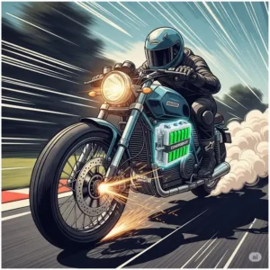 Dynamic illustration emphasizing the power and torque gained from an electric motorcycle conversion kit, with speed lines.