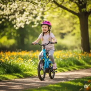 A smiling child on their kids e-bike riding past a vibrant park, representing the joy and outdoor activity kids get from electric bikes.