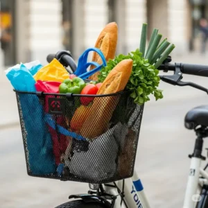 Lightweight mesh ebike basket filled with various shopping items, ideal for daily errands and trips to the market.