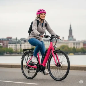 Cyclist wearing a helmet while riding a pink electric bike, emphasizing safe and enjoyable commutes.