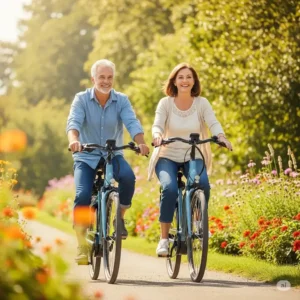A senior couple happily riding their electric bikes side-by-side on a scenic path, emphasizing the social and recreational benefits of the best electric bike for seniors.
