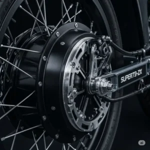 View of the powerful hub motor integrated into the rear wheel of the Super73-ZX.