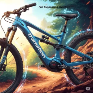 An illustration highlighting the advanced full suspension system of a Transition eBike, engineered for smooth handling and comfort on challenging trails.