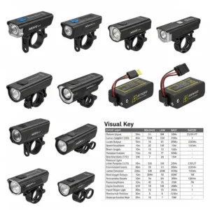 Collection of various e-bike front light types, featuring integrated designs and external battery-powered options.