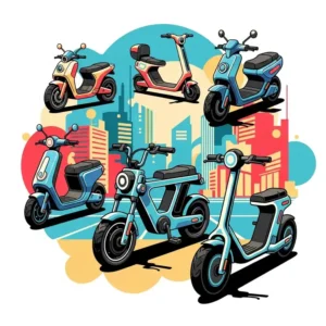 A conceptual illustration depicting various forms of urban electric transport that do not require pedals, including a focus on a compact electric bike without pedals.