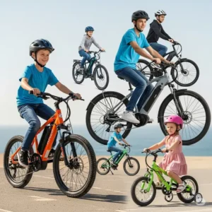 Various models of youth electric bikes sized for different age groups of young riders.