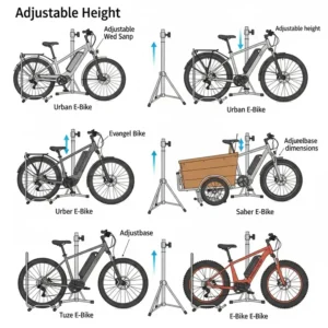 "Technical illustration of an adjustable height ebike stand, highlighting its versatility for various ebike sizes."