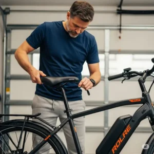 A person easily adjusting the seat height on an electric bike with seat, demonstrating the customizable fit for different riders.