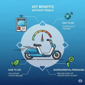 An illustrative diagram highlighting the key benefits of an electric bike without pedals, such as ease of use, speed, and environmental friendliness.