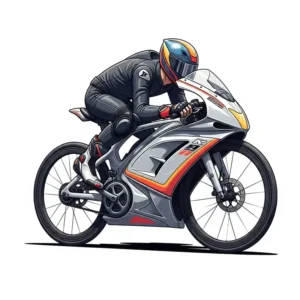 Dynamic illustration of a performance bicycle that looks like a motorcycle, incorporating design elements typically found on motorcycles, such as aerodynamic fairings and a sporty riding position, offering both speed and a distinctive style.