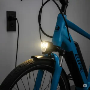 E-bike connected to a charger, powering up its integrated e-bike front light for reliable performance and extended battery life.