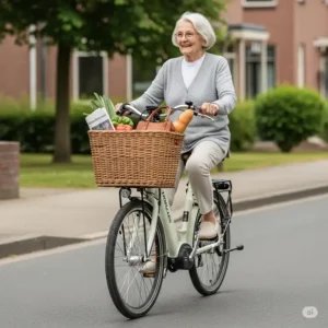 An electric bike equipped with a spacious front storage basket, illustrating practical features and convenience for seniors when running errands or carrying personal items. A helpful accessory for the best electric bike for seniors.