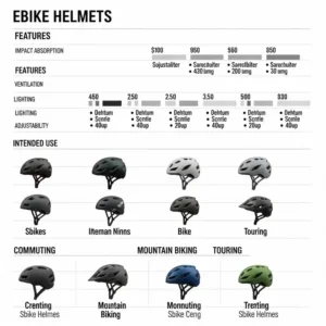 Visual chart comparing various ebike helmets models based on features, price, and intended use.