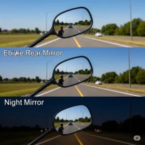Visibility of an ebike rear view mirror in various lighting conditions, highlighting its effectiveness for daytime and low-light riding.
