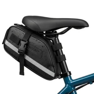 Waterproof ebike saddle bag repelling water droplets, ensuring contents remain dry and protected in all weather conditions.