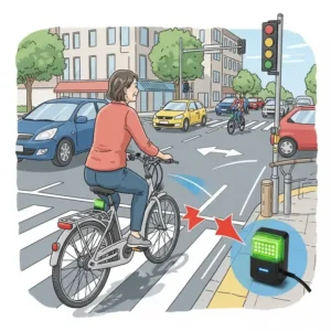 An illustration depicting an ebike in a traffic scenario where the use of ebike turn signals enhances visibility and safety for the rider and other vehicles.