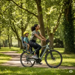 An ebike with kid seat parked on a scenic trail in a lush park, illustrating the joy and convenience of family biking adventures outdoors.