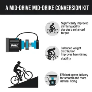Infographic highlighting key advantages and benefits of using a mid-drive ebike conversion kit, such as improved climbing ability, balanced weight distribution, and efficient power delivery.