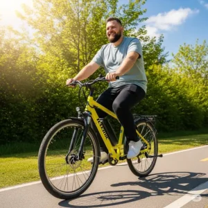 A person riding an electric bike for a 400 lb person, confidently enjoying the outdoors and showcasing the bike's stability.