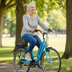 An older adult with a smile, riding an affordable electric bike, showcasing the joy and accessibility of the **best e bike for over 70s under $1000**.