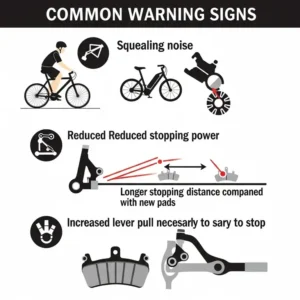 A graphic illustrating common warning signs that indicate worn ebike brake pads, such as squealing noises, reduced stopping power, and excessive lever pull.
