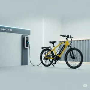 Super73-ZX electric bike connected to its charger, illustrating the convenient charging process.