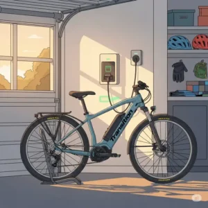 An illustration of a Transition eBike being conveniently charged at home, emphasizing the ease of recharging and preparing for the next adventure.