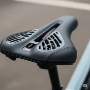 Detailed view of an e-bike seat with integrated ventilation channels, a key feature contributing to the most comfortable e bike seat by reducing heat and sweat.