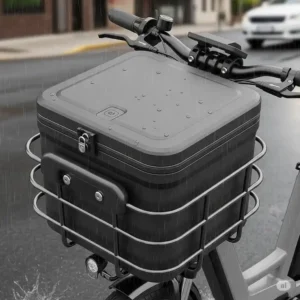 Waterproof ebike basket with a secure lid, protecting contents from rain and splashes during all-weather electric bike rides.
