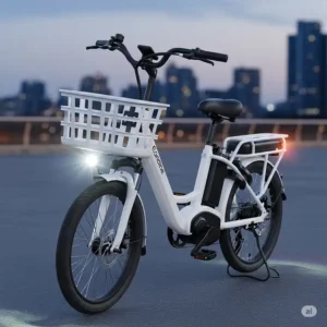 Practical accessories like an integrated basket and bright LED lights complementing a white electric bike.