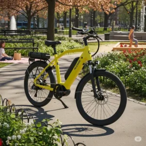 Youth electric bike parked in a city park, ideal for urban commuting and recreation.
