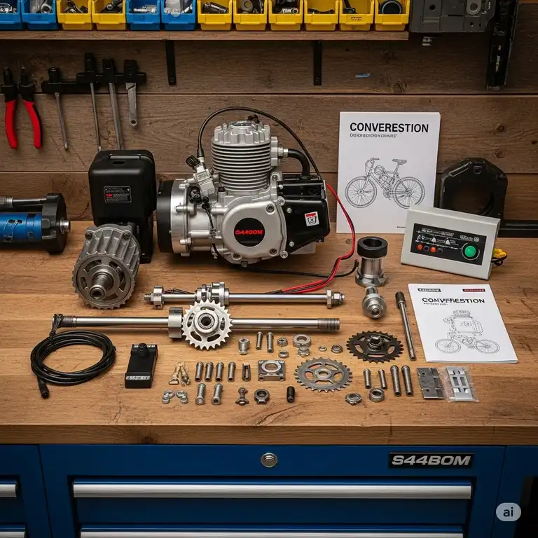 A complete, affordable bicycle engine kit displayed on a workbench, showcasing all components needed for conversion.