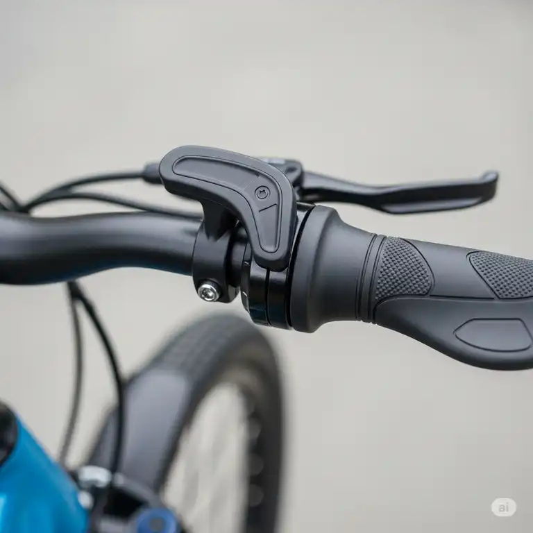"Close-up of an ergonomic thumb throttle ebike control on a handlebar, showing easy acceleration."