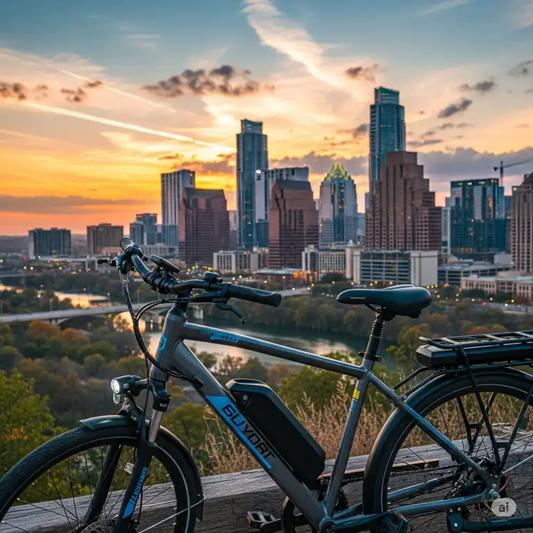 "An electric bike parked in front of the Austin skyline at sunset, highlighting the growing popularity of ebikes Austin for city commuting."