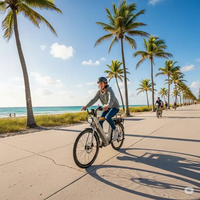 A person happily riding a sleek electric bicycle along the scenic South Beach boardwalk in Miami, with palm trees and ocean in the background, showcasing the vibrant electric bike culture in Miami.