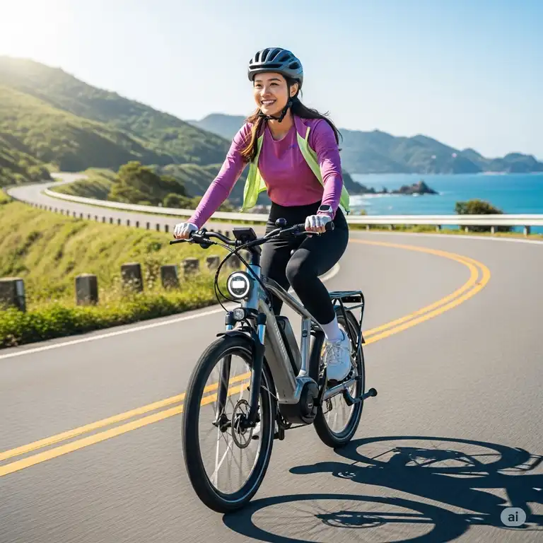 A person riding a modern electric bike on a scenic road, highlighting the joy and ease of e-bike travel.