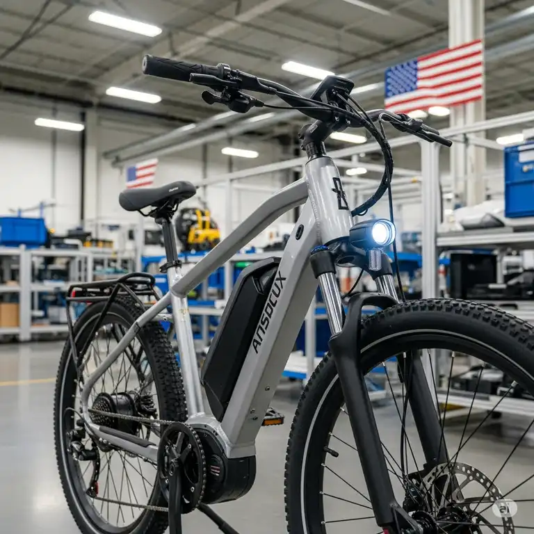 Sleek electric bike proudly manufactured in a USA factory, ready for adventure.