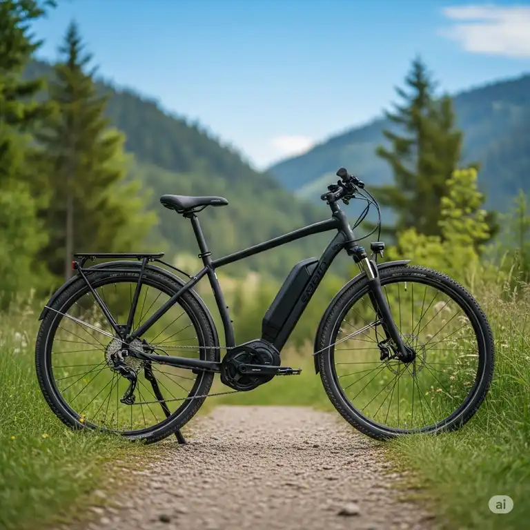 A sleek black middrive ebike parked on a scenic mountain trail, highlighting its central motor and integrated battery for optimal balance and performance.