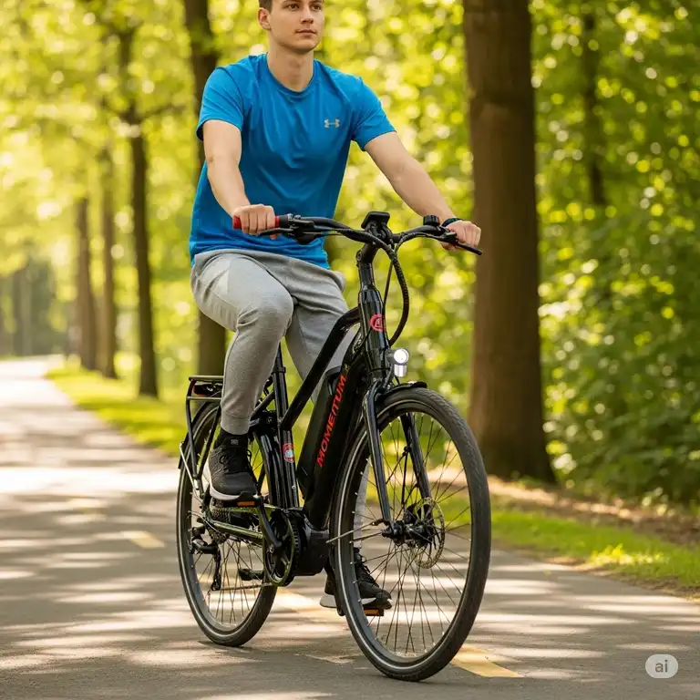 Rider enjoying a sleek Momentum eBike on a scenic bike path, showcasing its modern design and comfortable riding position.