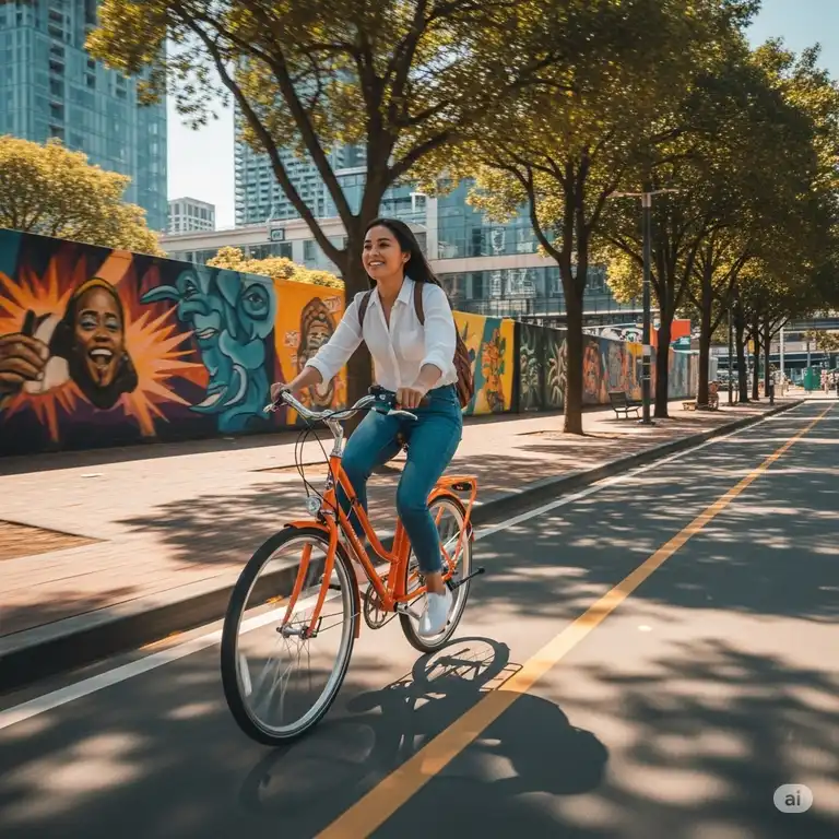 Person enjoying a ride on a bright step through bike in orange color, perfect for comfortable city cycling.