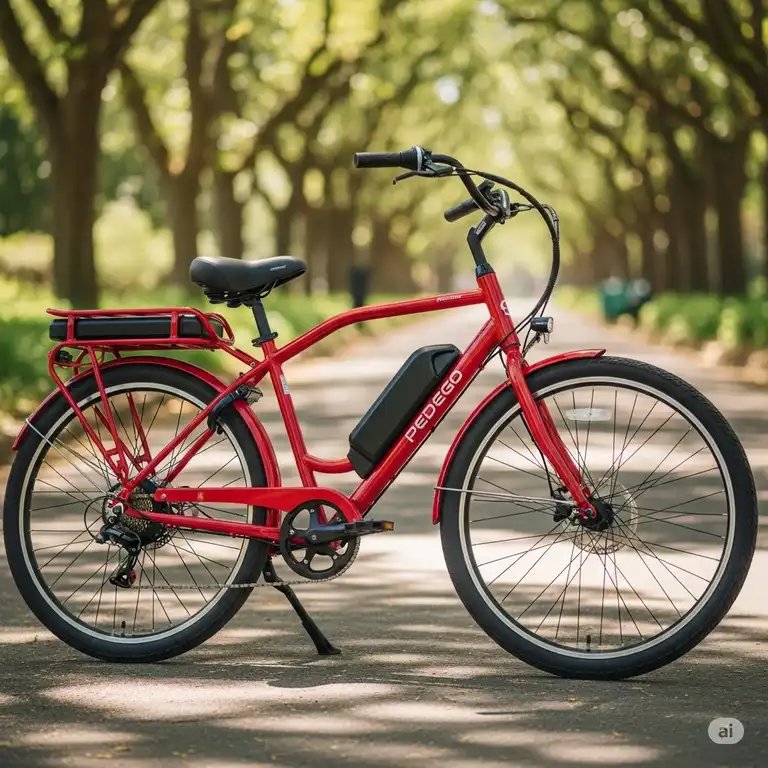 A vibrant red electric bike Pedego parked outdoors, ready for a comfortable and enjoyable ride.